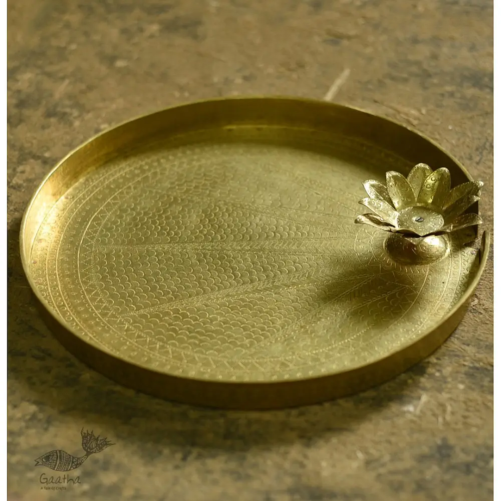 handmade brass aarti / pooja thali with diya