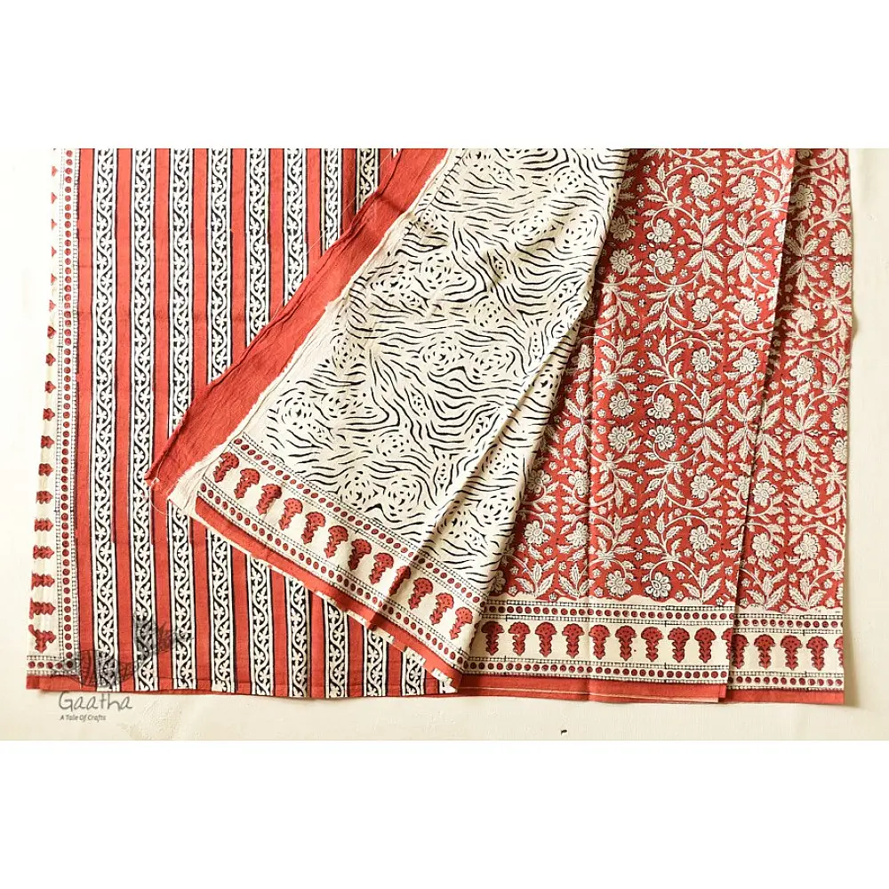 shop Bagru Cotton Red Saree - Block Printed