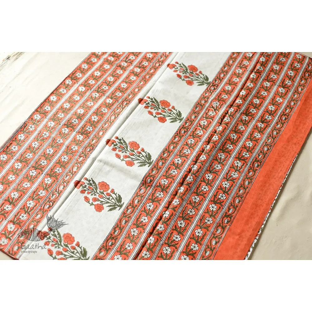 Block Printed White & Orange Saree online