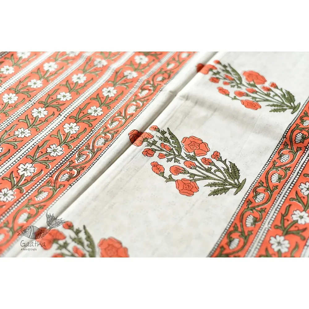 Block Printed White & Orange Saree online