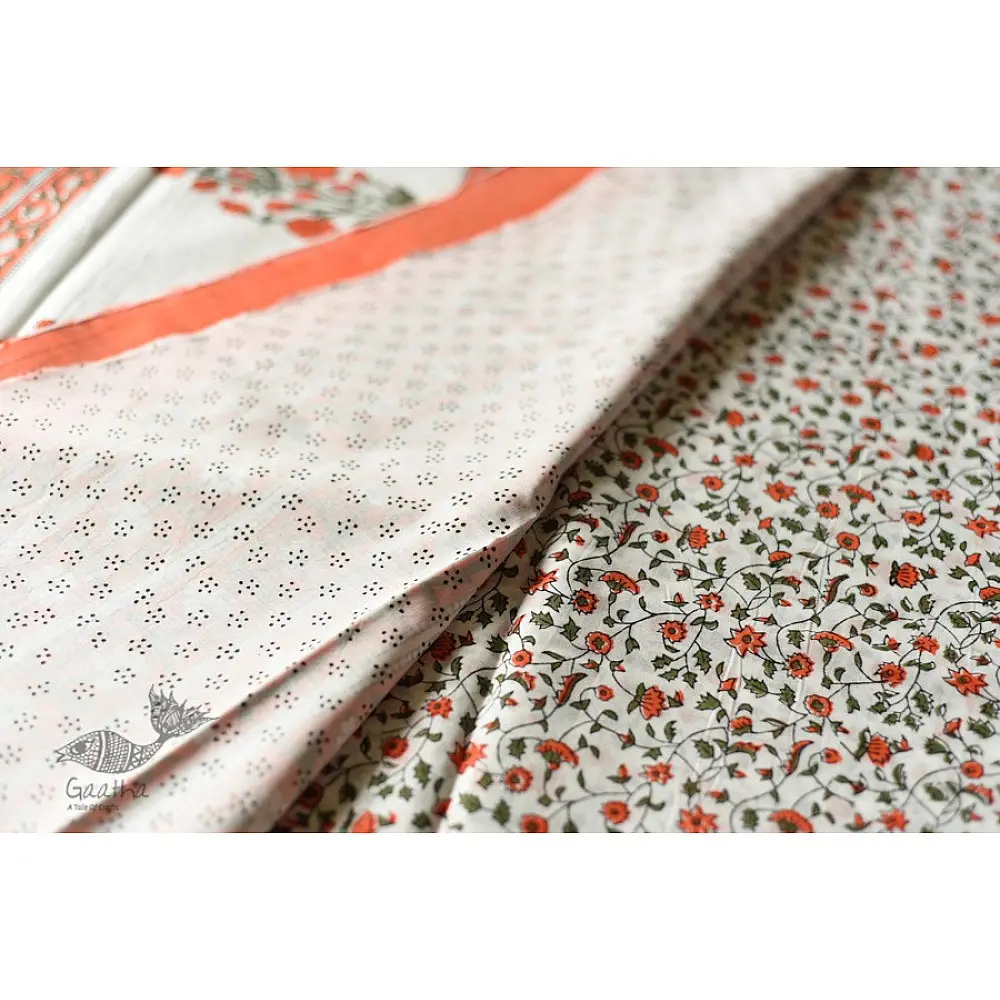 Block Printed White & Orange Saree online