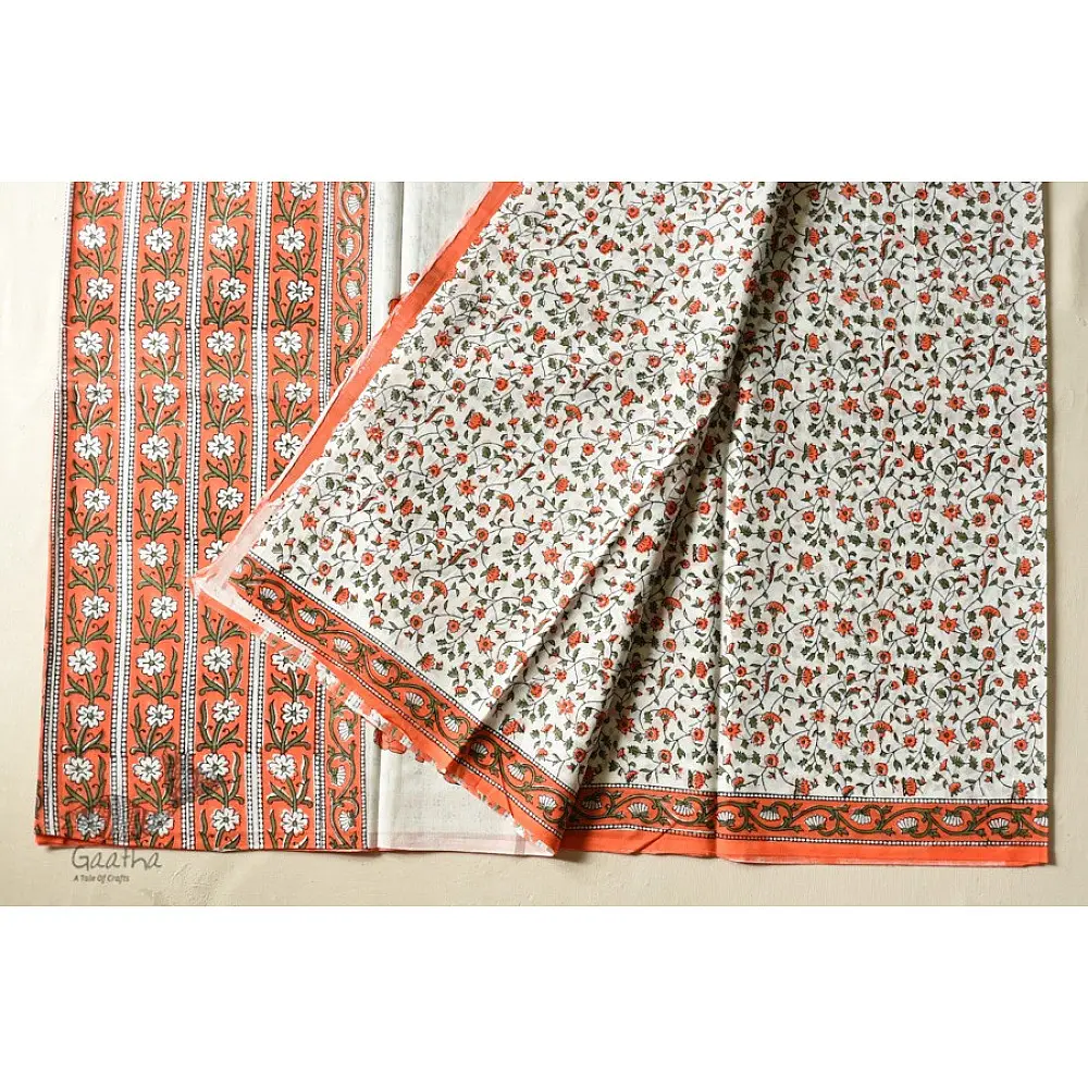 Block Printed White & Orange Saree online