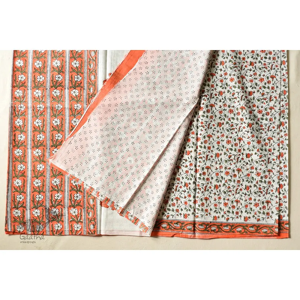 Block Printed White & Orange Saree online