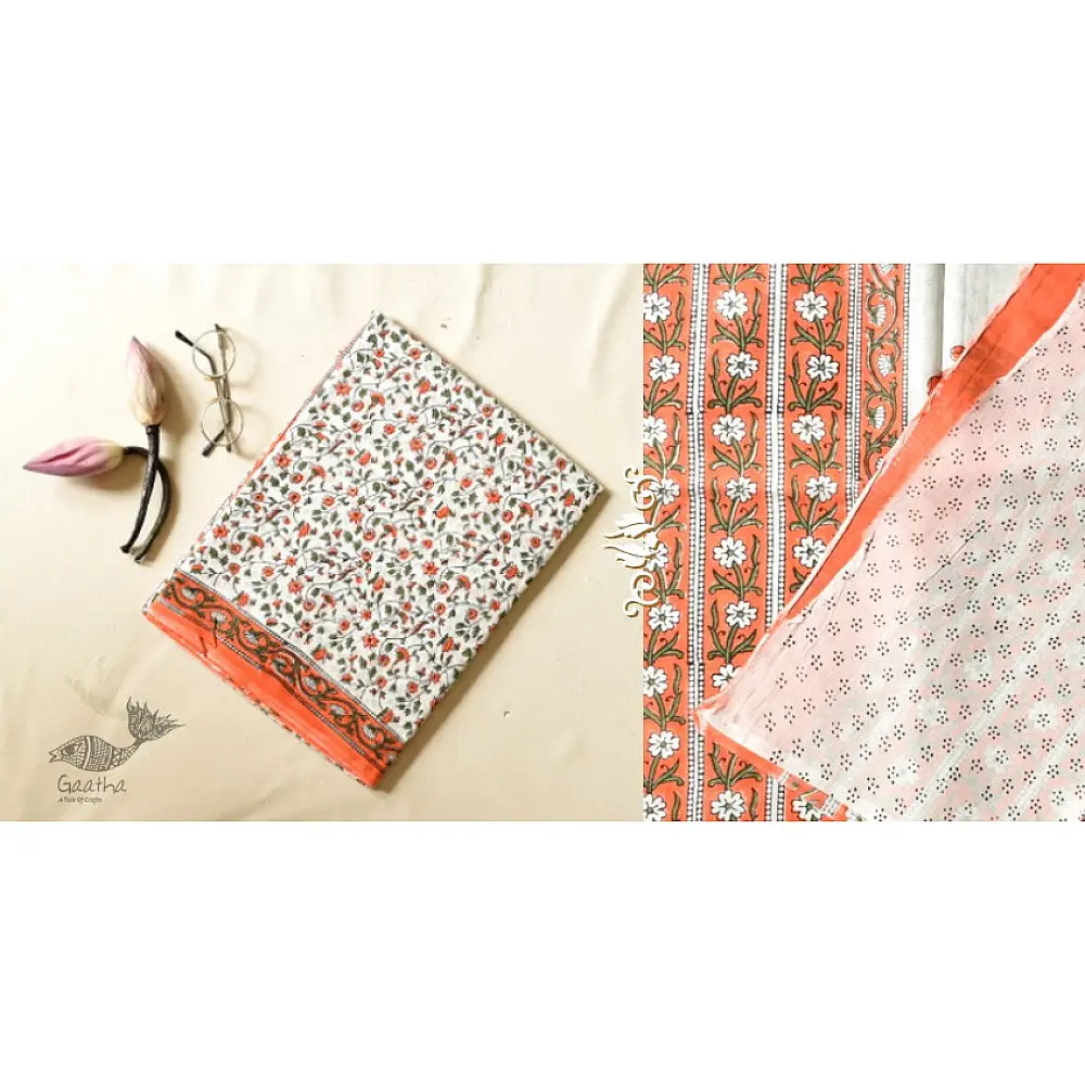 Block Printed White & Orange Saree online