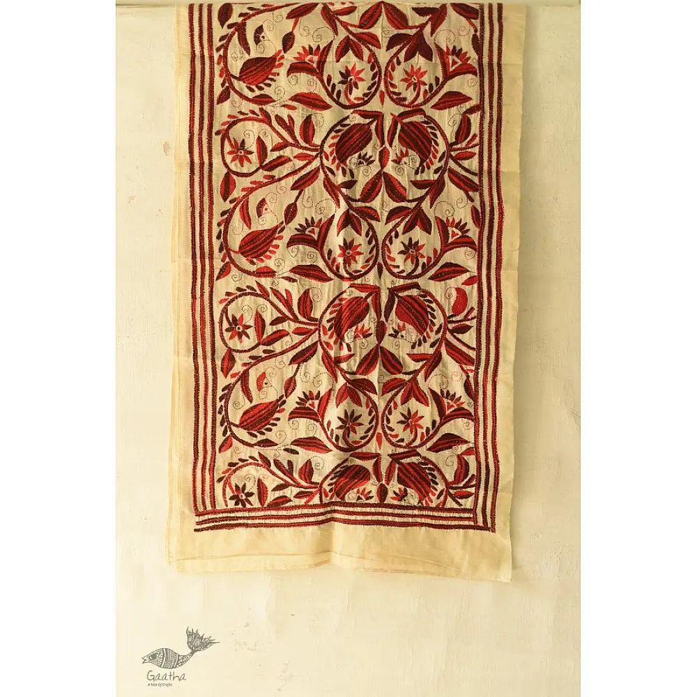  Kantha Tussar Silk Stole - Embroidered