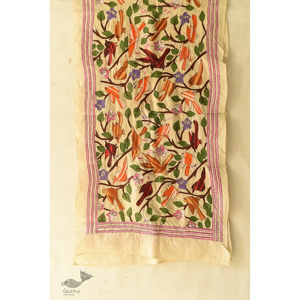 Kantha Tussar Silk Stole - Embroidered