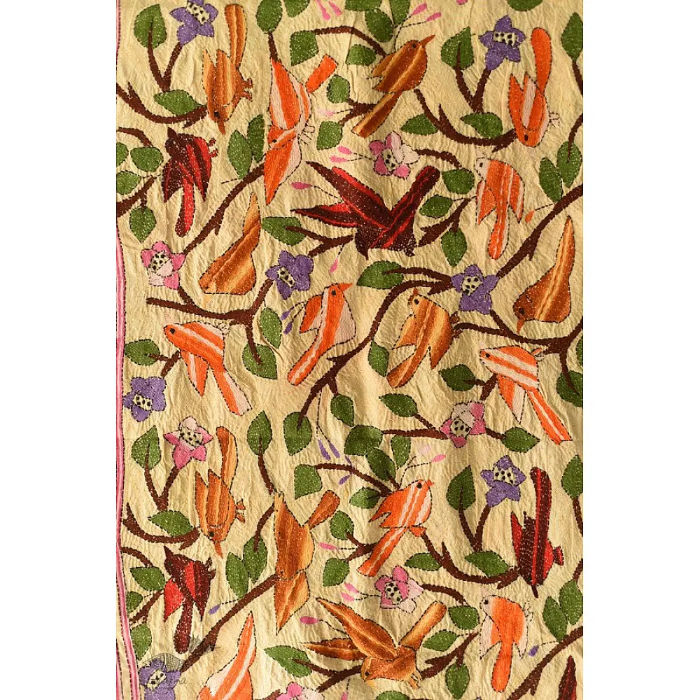 Kantha Tussar Silk Stole - Embroidered