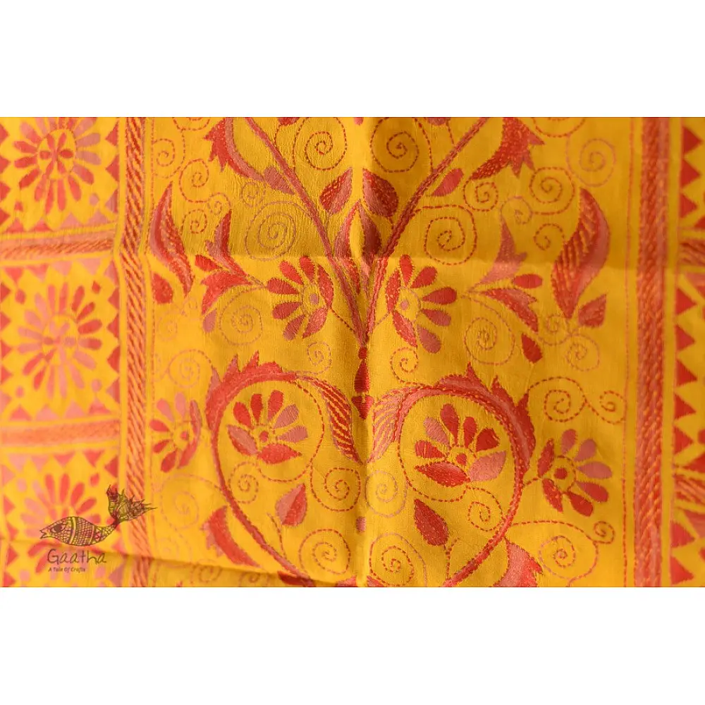  Kantha Silk Stole - Embroidered Yellow