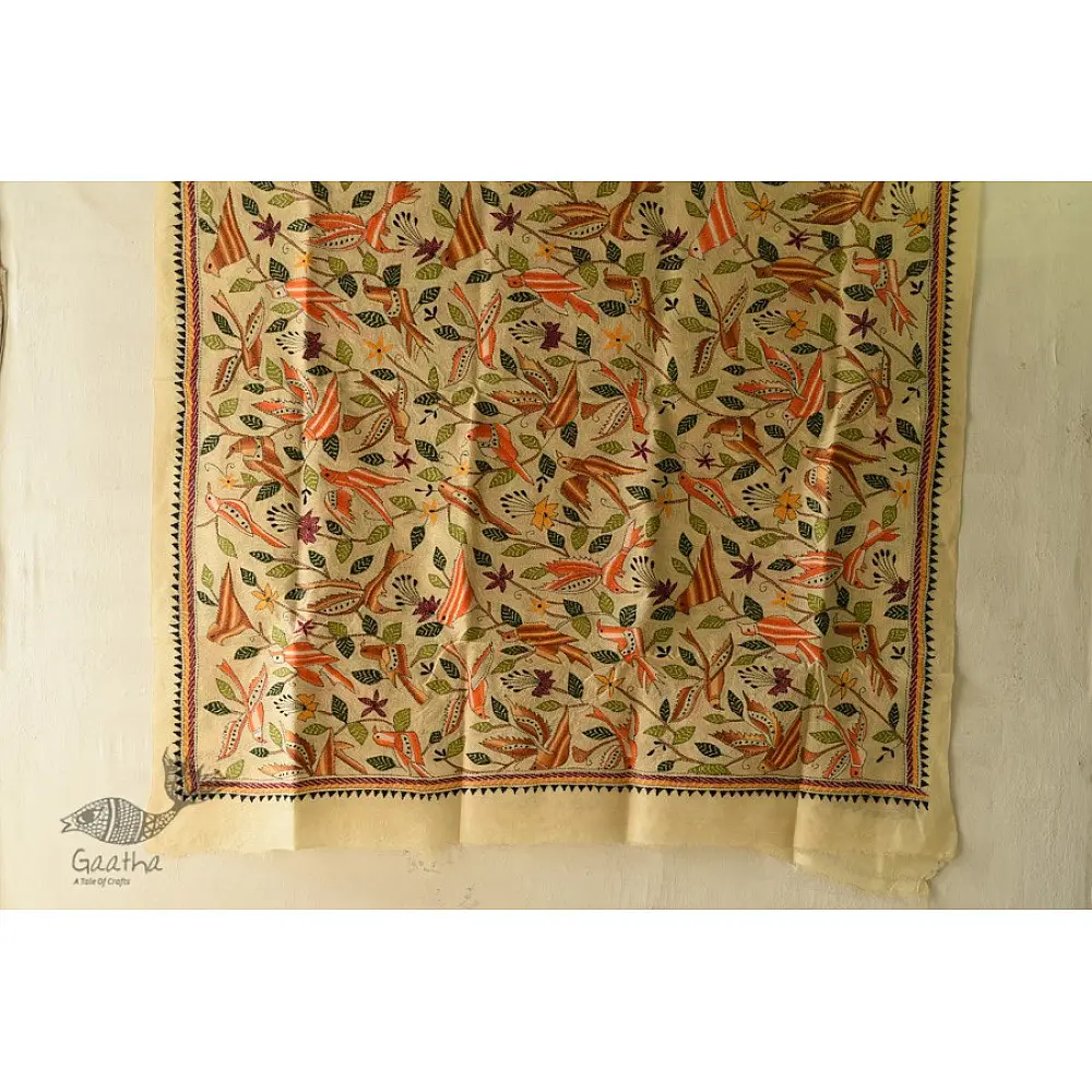 Kantha Tussar Silk Hand Embroidered Dupatta - Sparrows