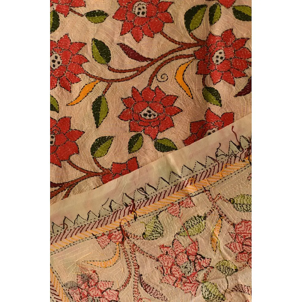 Kantha Tussar Silk Hand Embroidered Dupatta ~ Red Flowers All Over