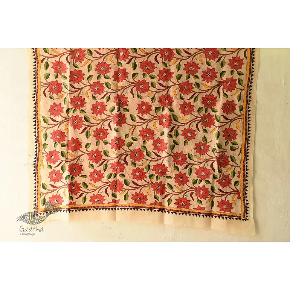 Kantha Tussar Silk Hand Embroidered Dupatta ~ Red Flowers All Over