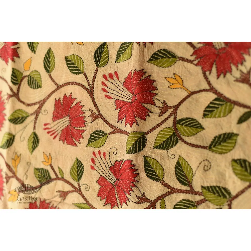 Kantha Tussar Silk Dupatta ~ Hibiscus Flowers Embroidered
