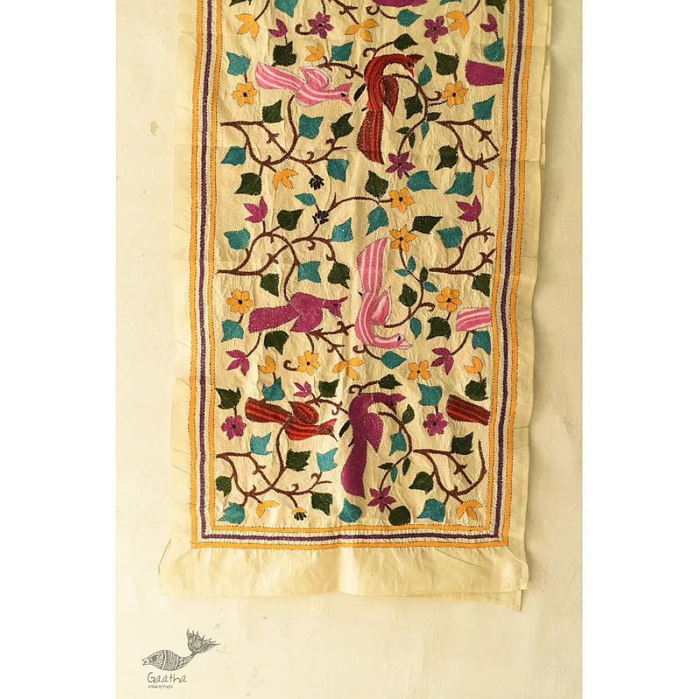 Kantha Tussar Silk Stole - Myna Bird Embroidered