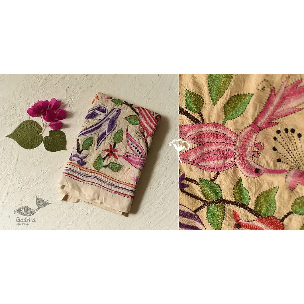 Kantha Tussar Silk Stole - Embroidered