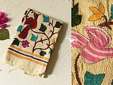 Pushparam . पुष्पारम | Kantha Tussar Silk Stole ~ Myna Bird Embroidered