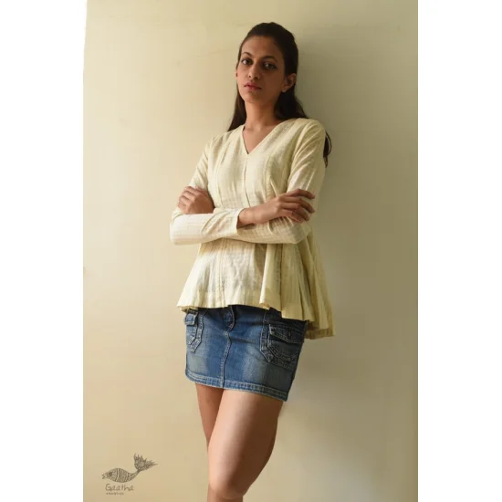 shop Handwoven Off White Cotton Self Checks A-Line Flared Top