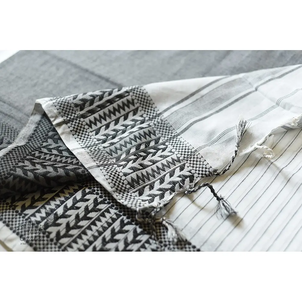 Traditional Bengali cotton Saree  - White With Black Stripes