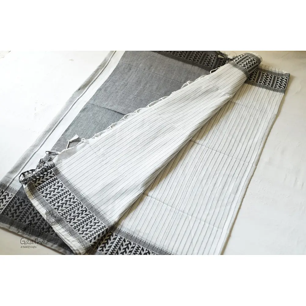 Traditional Bengali cotton Saree  - White With Black Stripes