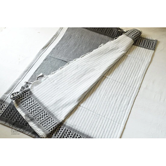 Traditional Bengali cotton Saree  - White With Black Stripes