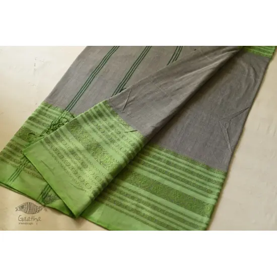 Traditional Bengali cotton saree - Grey With Green Woven Border