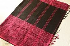 Paromita ~ Handloom Cotton Black Saree With Rani Pink Boder