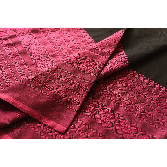 Traditional Bengali cotton sareeBlack Saree With Rani Pink Boder