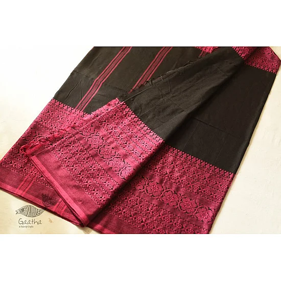 Traditional Bengali cotton sareeBlack Saree With Rani Pink Boder