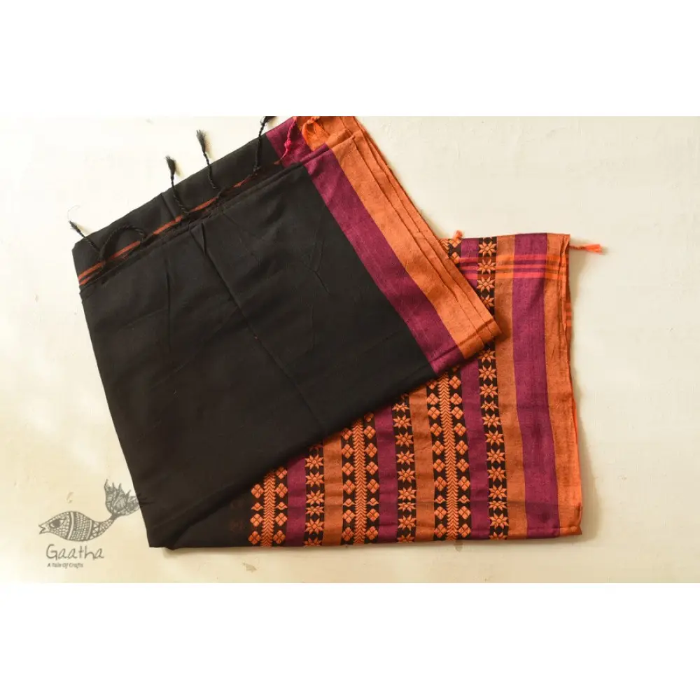 Handloom Cotton Bengali Saree  - Black with Woven Border