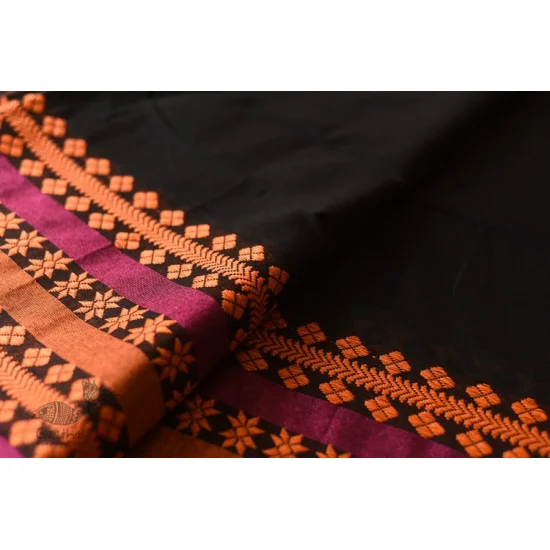 Handloom Cotton Bengali Saree  - Black with Woven Border