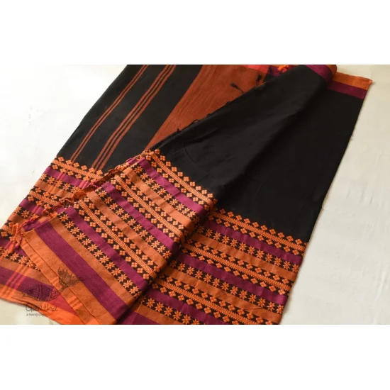 Handloom Cotton Bengali Saree  - Black with Woven Border