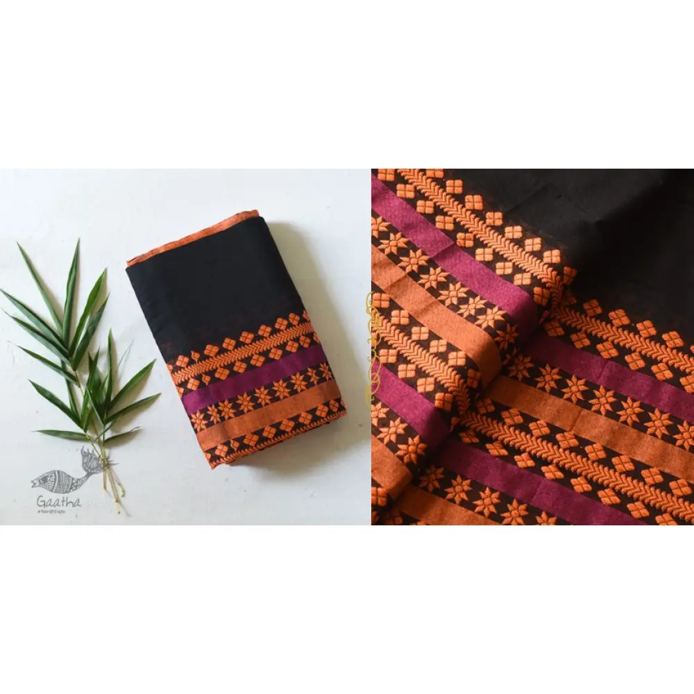 Handloom Cotton Bengali Saree  - Black with Woven Border
