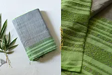 Paromita ~ Handloom Cotton Saree - Grey With Green Woven Border