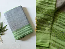 Paromita ~ Handloom Cotton Saree - Grey With Green Woven Border
