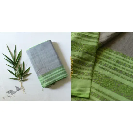 Traditional Bengali cotton saree - Grey With Green Woven Border