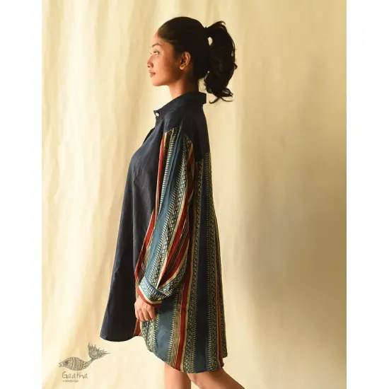 buy Vegetable Dyed Ajrakh & Denim Dress / Free Size Shirt