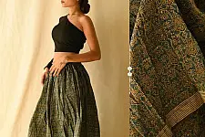 Flowers in a River - Ajrakh Prints Long Skirt / Ghagra With Natural Dyed - C