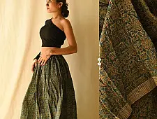 Flowers in a River - Ajrakh Prints Long Skirt / Ghagra With Natural Dyed - C