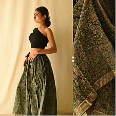Flowers in a River - Ajrakh Prints Long Skirt / Ghagra With Natural Dyed - C