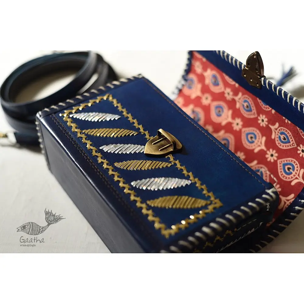 shop Kutchi Leather Sling HandbagKutchi Leather Sling Blue Handbag - With Zari Embroidery