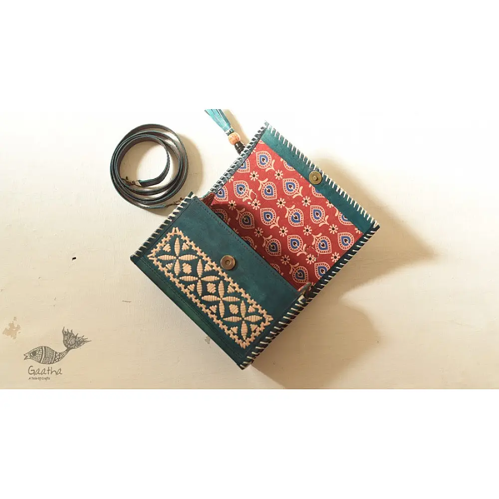 shop Kutchi Embroidered Leather Sling Handbag - Teal