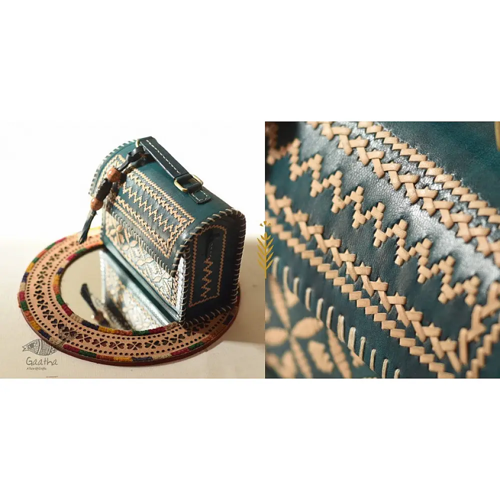 shop Kutchi Embroidered Leather Sling Handbag - Teal