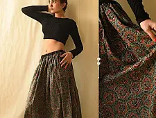 Flowers in a River - Ajrakh Prints Long Skirt / Ghagra With Natural Dyed - D