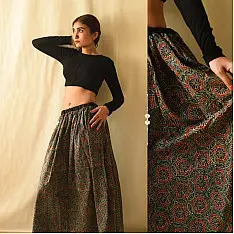 Flowers in a River - Ajrakh Prints Long Skirt / Ghagra With Natural Dyed - D