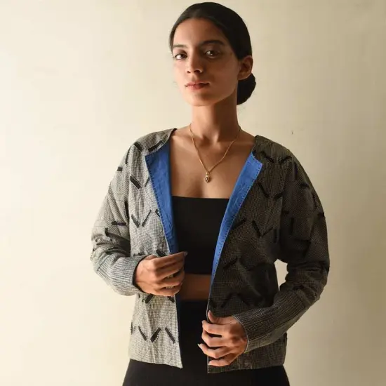 shop Handwoven Cotton Reversible Jacket  ~ Grey and Blue