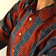 handblock printed breathable cotton shirt for men in rust red and indigo blue interlocking wave geometric print with wooden buttons