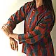 handblock printed breathable cotton shirt for men in rust red and indigo blue interlocking wave geometric print with wooden buttons