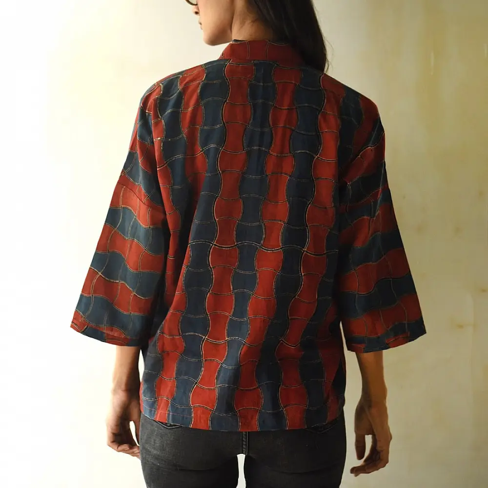 handblock printed breathable cotton shirt for men in rust red and indigo blue interlocking wave geometric print with wooden buttons