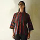 handblock printed breathable cotton shirt for men in rust red and indigo blue interlocking wave geometric print with wooden buttons