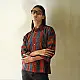 handblock printed breathable cotton shirt for men in rust red and indigo blue interlocking wave geometric print with wooden buttons