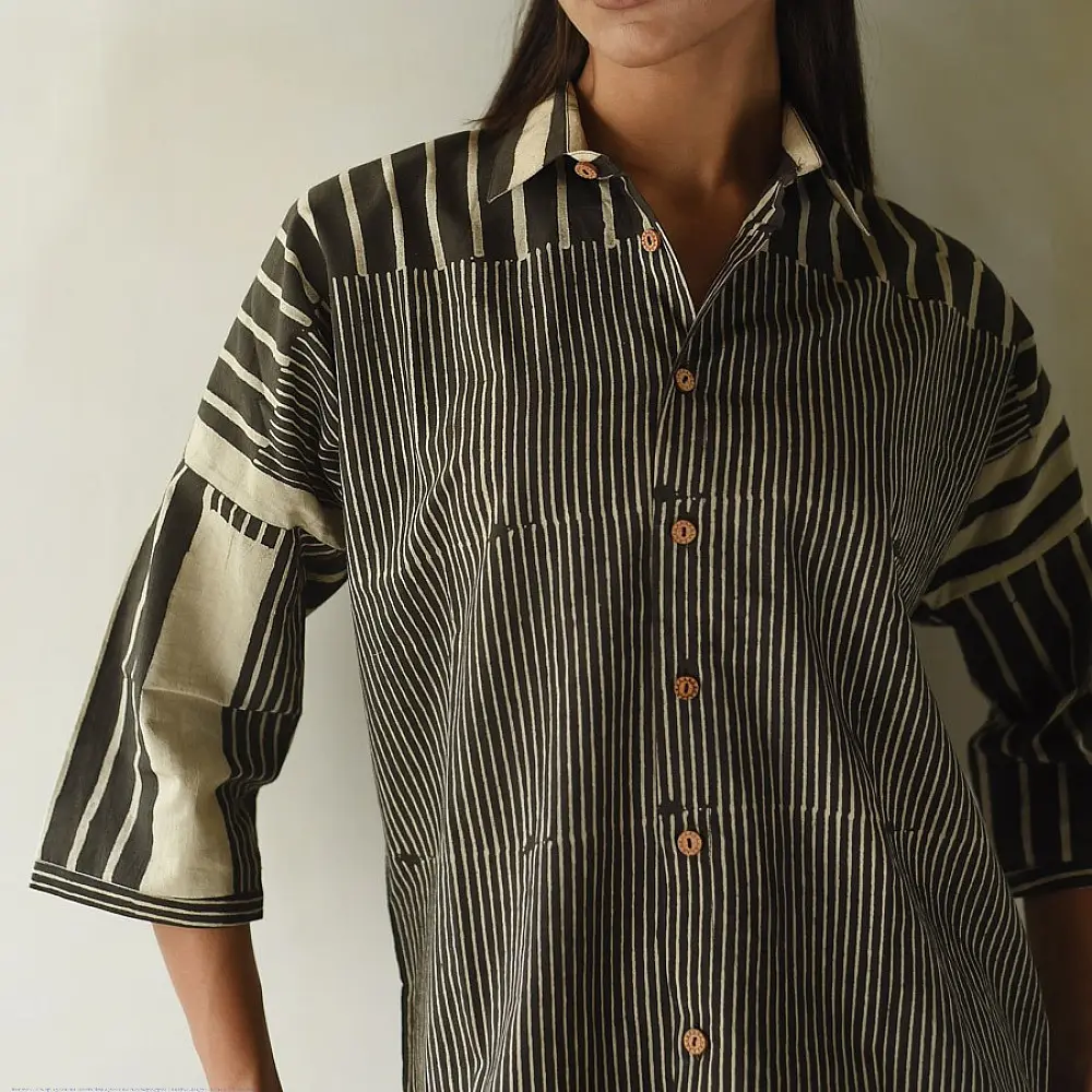 handblock printed pure cotton men shirt in monochrome black and off white vertical pinstripes with contrasting collar and wooden buttons